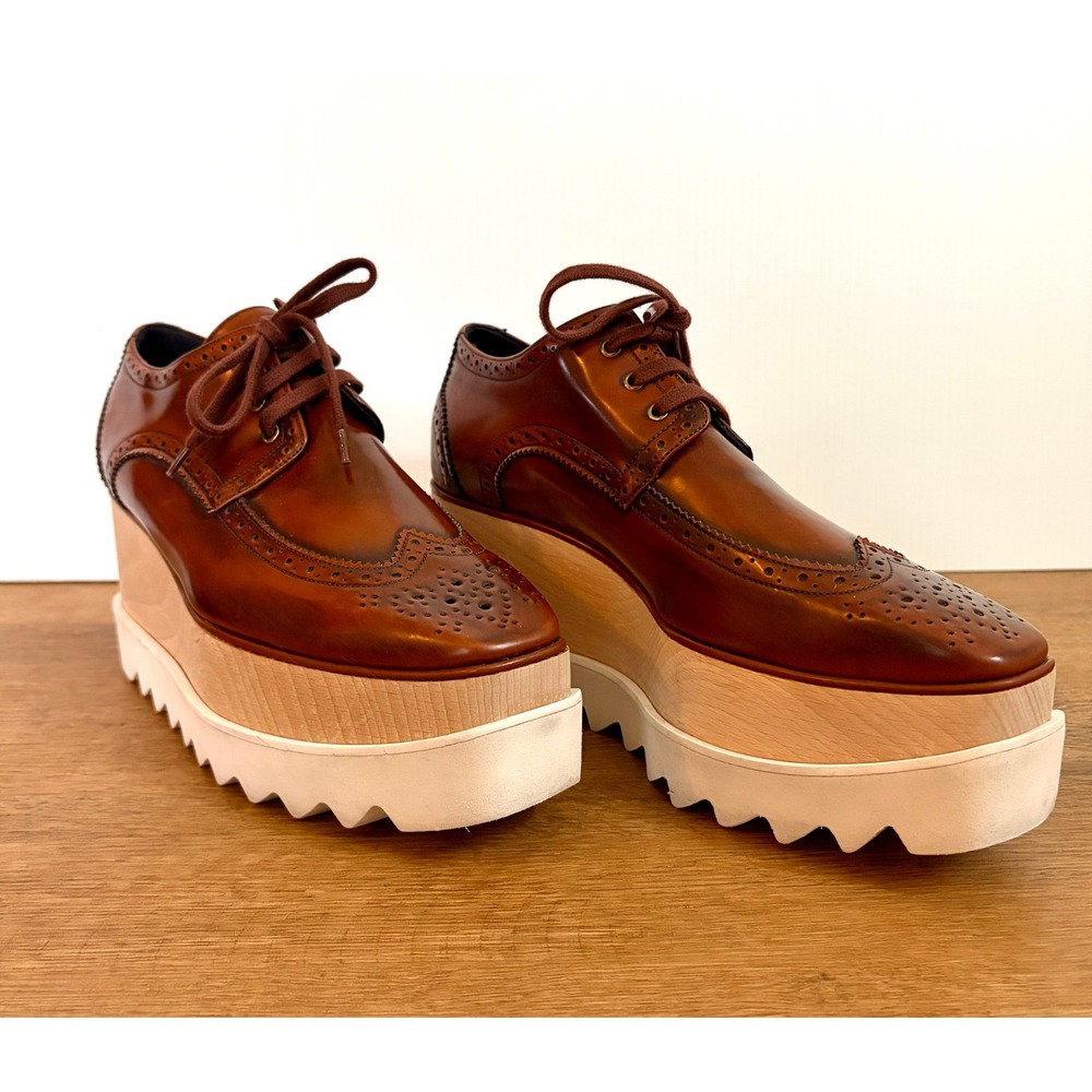 Stella McCartney Elyse Size 39 8.5 Cognac Brown Cutout Platform Brogue Oxfords - Picture 2 of 5